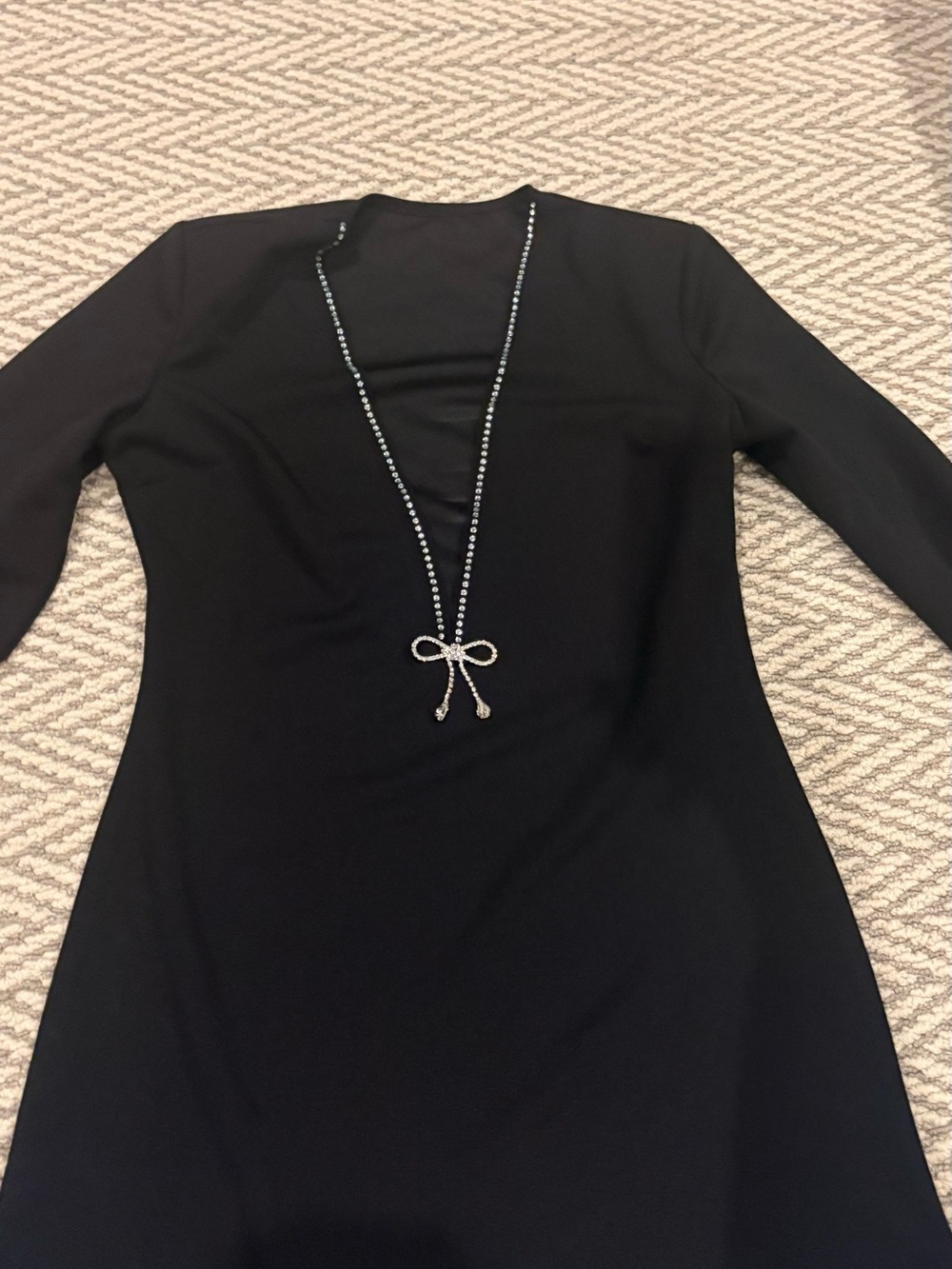 Black Long-Sleeve Women's Dress with Rhinestone Bow Detail